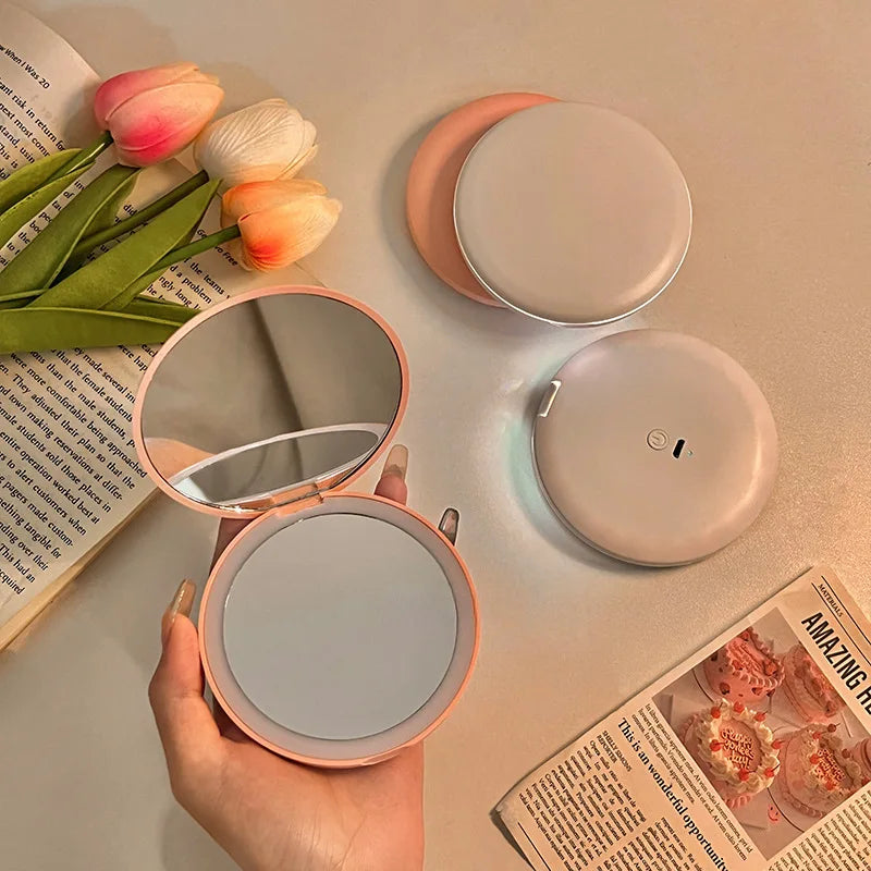 Portable LED Makeup Mirror — Pocket Mini Handheld Folding Lighted Round Mirror