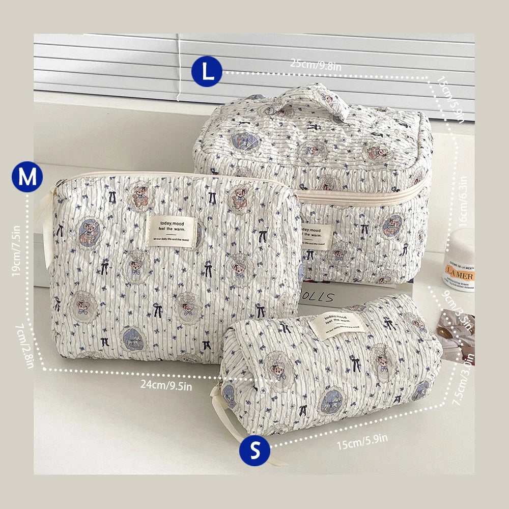 Quilted Cotton Makeup Bag – Zipper Cosmetic Organizer Box-Shaped Toiletry Case for Women & Girls