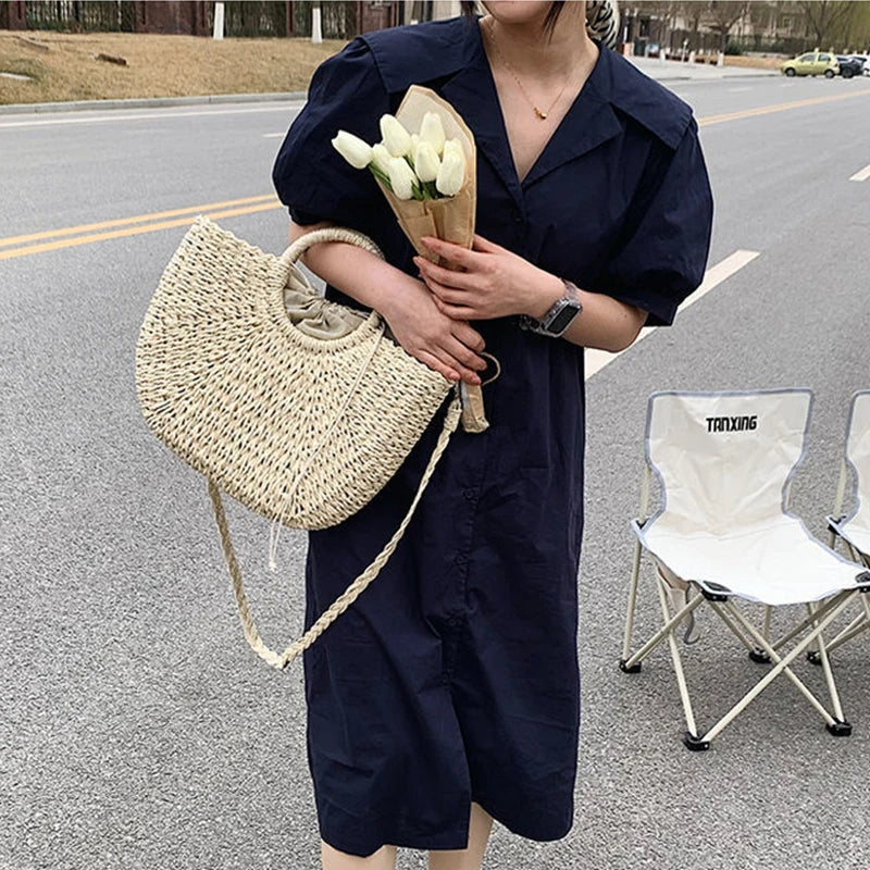 Handmade Straw Woven Bucket Tote Bag for Women – Boho Beach, Travel & Shopping Bag