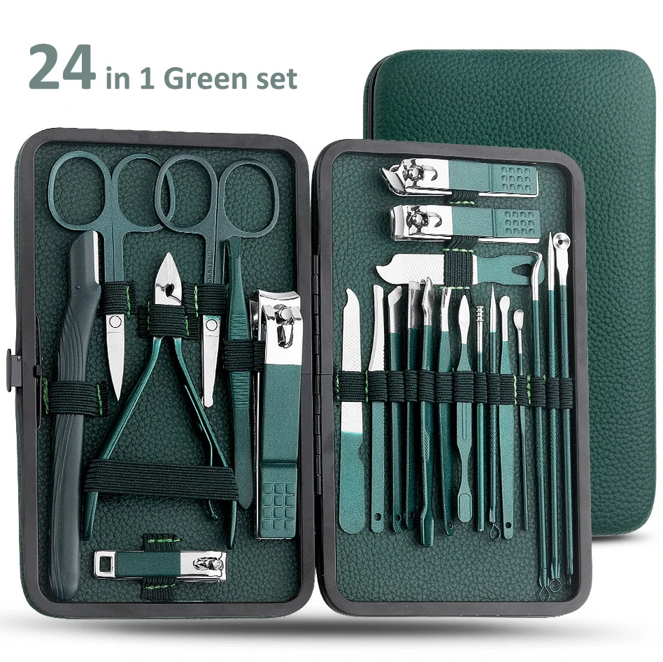 Green Stainless Steel Nail Clipper Set — 7/13/24-Pc Portable Manicure & Pedicure Tools