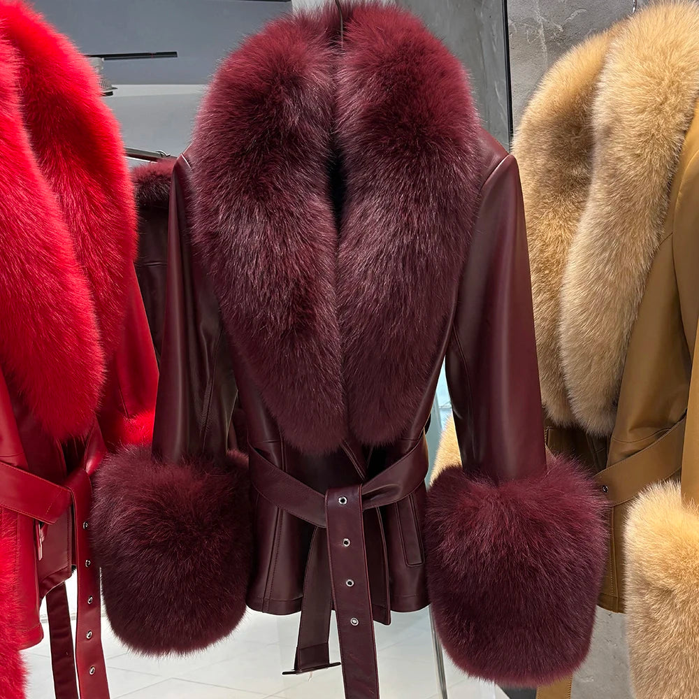 YOLOAgain Women's Genuine Sheepskin Leather Jacket with Real Fox Fur Detachable Collar & Sleeves - Belted Pockets, Autumn/Winter