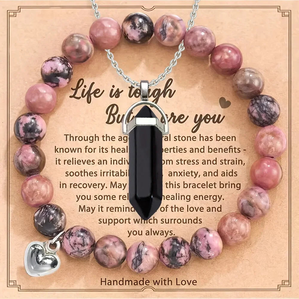 2-Piece Amethyst Hexagonal Pendant Necklace & Purple Stripe Agate Bracelet Set – Healing Crystal Jewelry Gift for Women