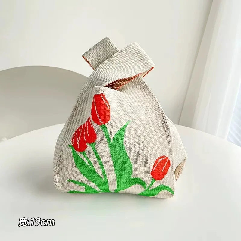 Handmade Knitted Knot Wrist Bag - Striped Mini Tote for Women, Large-Capacity Phone Bucket, Autumn Winter Casual