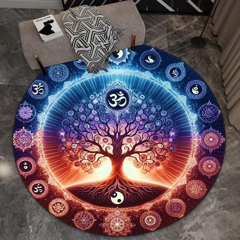 Mandala Tree of Life Om Round Rug – Plush Non-Slip Yoga & Meditation Mat, Boho Floor Mat (23–71 in / 60–180 cm)