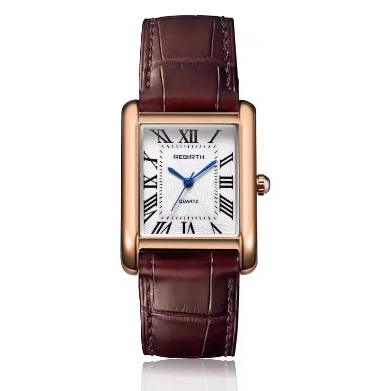 REBIRTH Elegant Women's Quartz Square Dial Watch Leather Strap Water-Resistant Business Watch