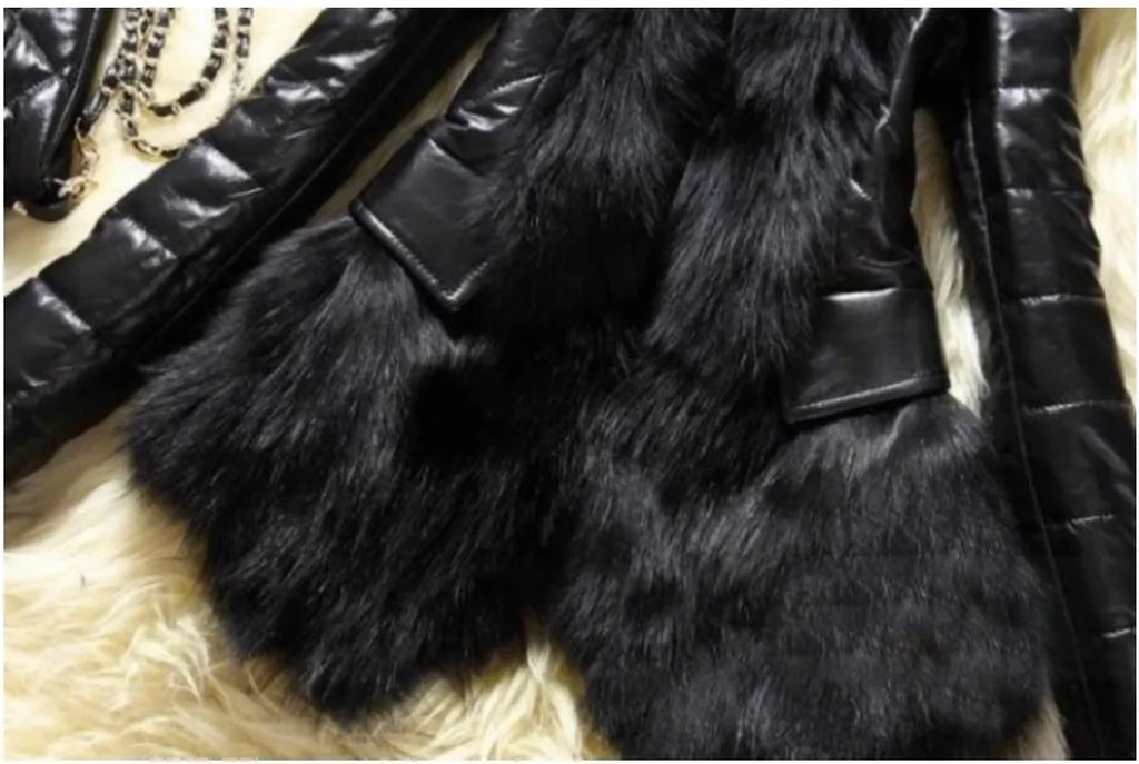 Women's Faux Fur Collar PU Leather Mid-Length Coat - Slim Fit Long Sleeve Patchwork Street Style