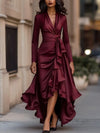 Women's Deep V-Neck Ruffled Satin Evening Gown — Long Sleeve Lace-Up High Waist A-Line Party & Wedding Guest Dress
