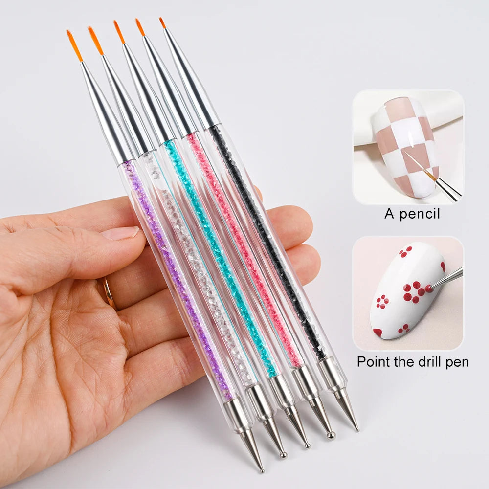 5-Piece Stripe Liner Nail Brush Set with Dotting Tool & Rhinestone Picker for Nail Art