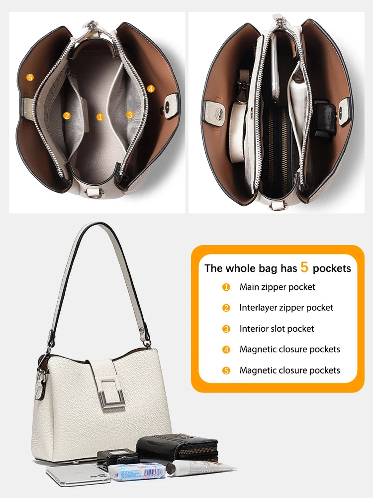 ZENCY Genuine Leather White Bucket Tote Shoulder Bag - Women's Designer Shopper Crossbody