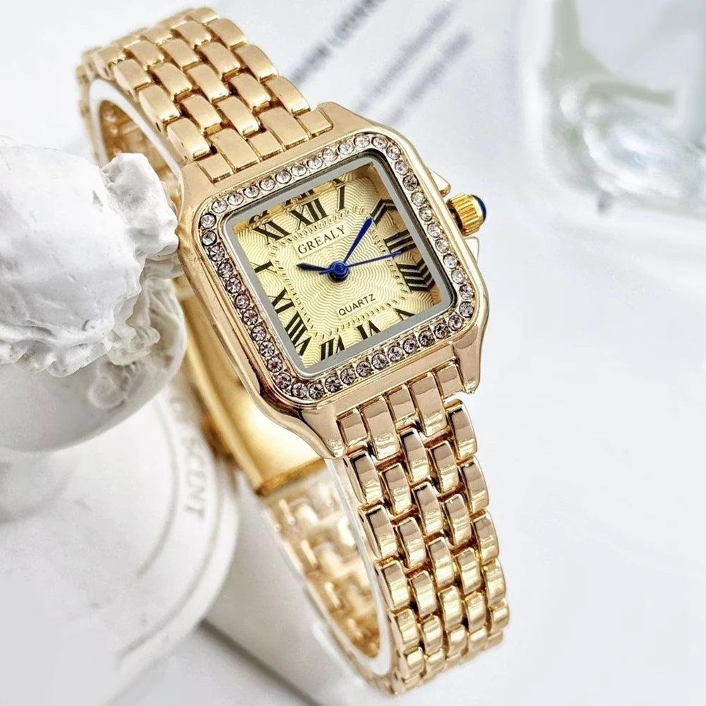 Women's Square Quartz Watch with Rhinestone Accents, 27mm Dial Stainless Steel Bracelet Casual Fashion Wristwatch