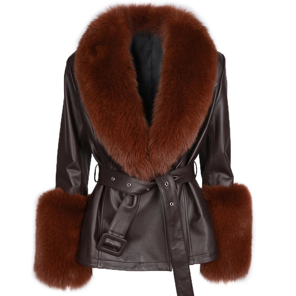 YOLOAgain Women's Genuine Sheepskin Leather Jacket with Real Fox Fur Detachable Collar & Sleeves - Belted Pockets, Autumn/Winter