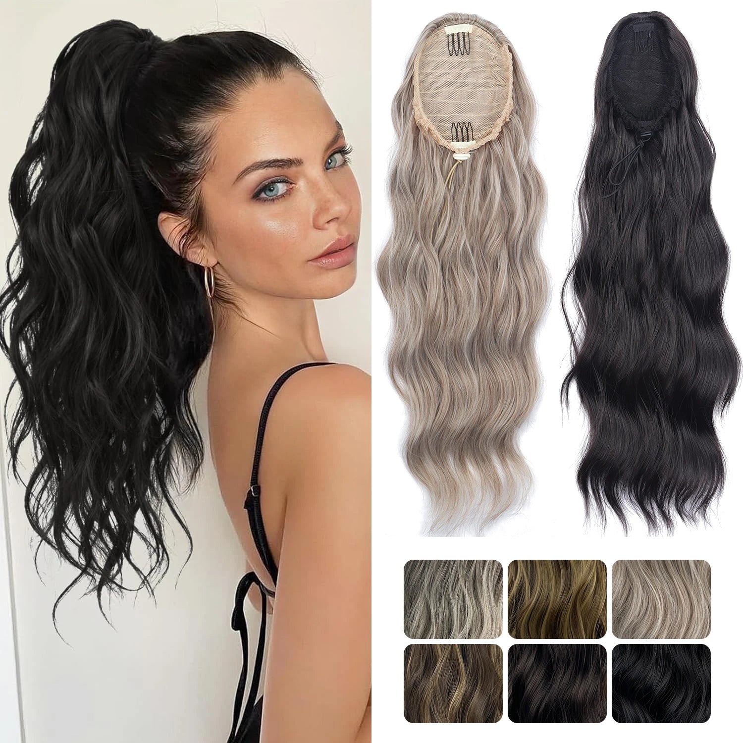 Wavy Drawstring Ponytail Extension 18 in (45 cm) Clip-In Synthetic High-Temp Fiber Hairpiece