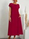 Women's Cotton-Linen Maxi Dress, Short Sleeve O-Neck Loose Sundress with Pockets, Vintage Harajuku Y2K