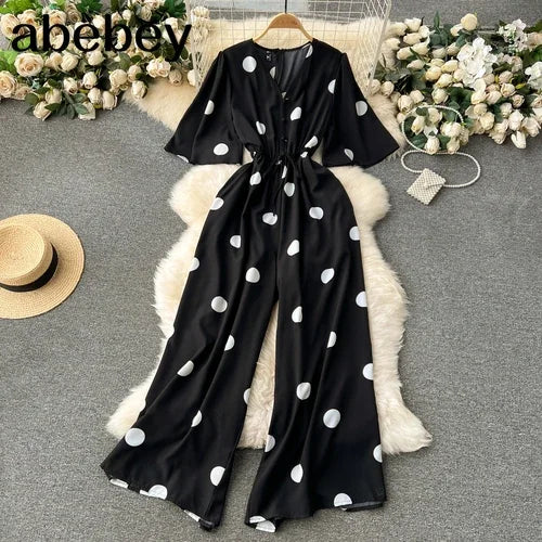 Women's Bohemian Polka Dot V-Neck Wide Leg Jumpsuit with Dolman Sleeves and High Waist