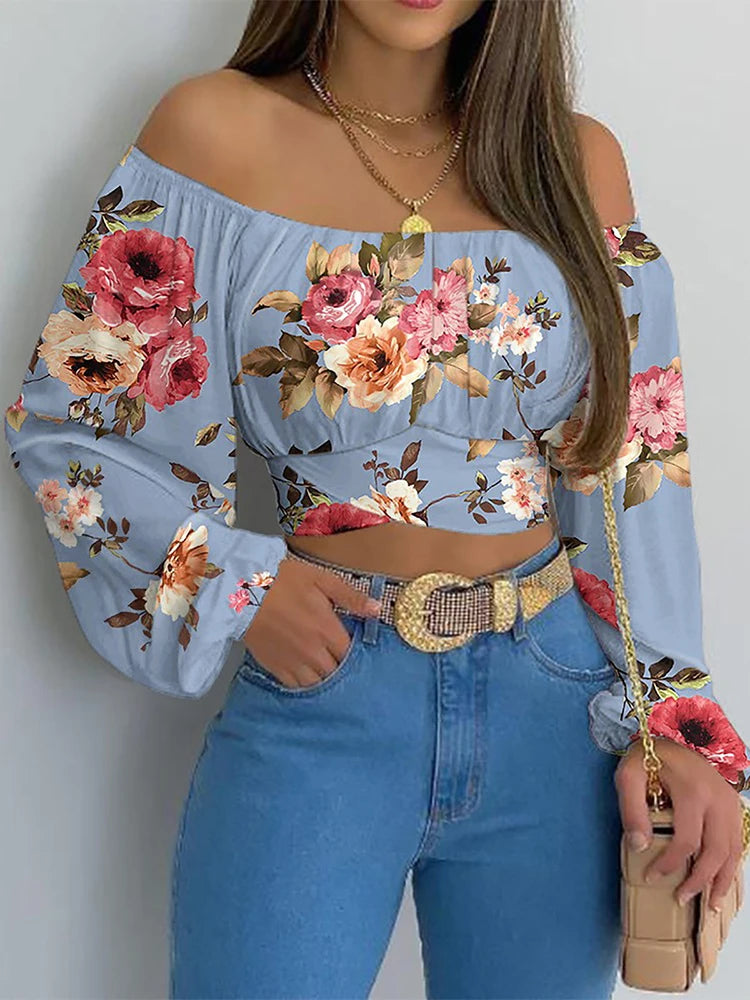Women's Off Shoulder Bow Chiffon Lantern Sleeve Cropped Slim Printed Blouse