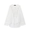 KONDALA Vintage Yellow Ruffle V-Neck Lace-Up Bow Tie Blouse Long Sleeve Casual Top
