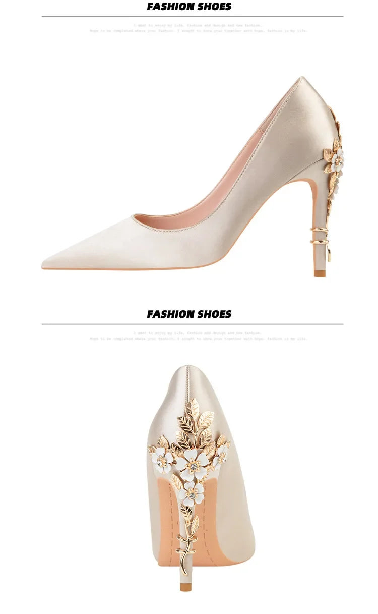 Women's Satin Pointed-Toe Stiletto Pumps with Metal Flower Detail — High Heel Wedding Shoes