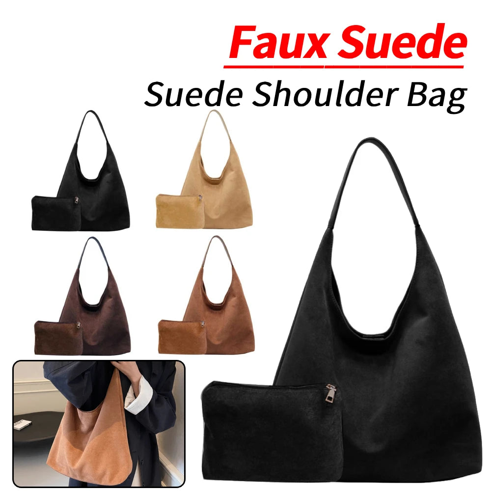 Faux Suede Bucket Bag Large Shoulder Hobo Tote with Inner Pocket for Work and Travel