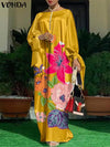 Plus Size Bohemian Satin Maxi Dress - Long Sleeve Floral Print, Lantern Sleeves, Ankle-Length