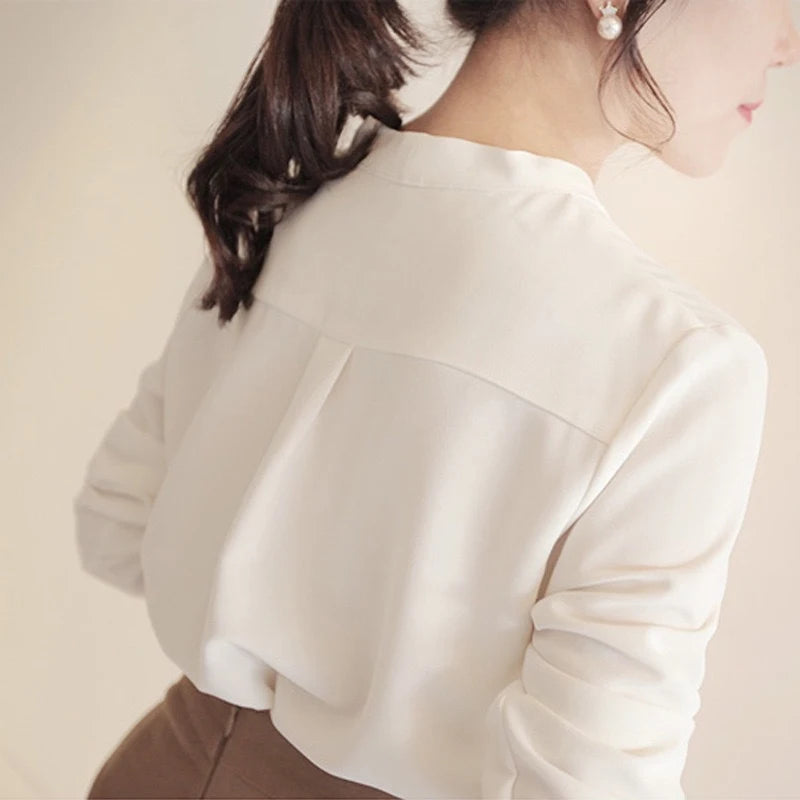Korean Solid V-Neck Chiffon Blouse — Elegant Long Sleeve Loose-Fit Women's Commuter Shirt