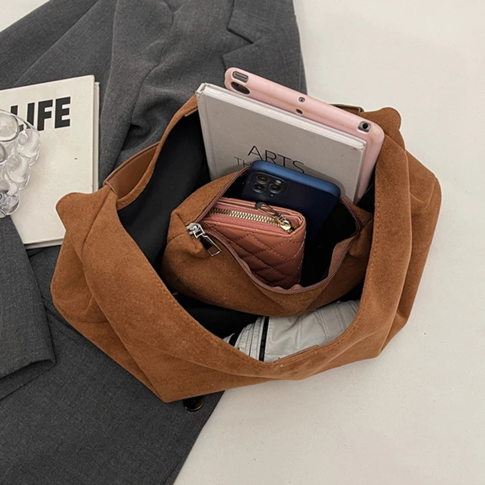 Faux Suede Bucket Bag Large Shoulder Hobo Tote with Inner Pocket for Work and Travel