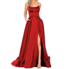 Navy Blue Halter Satin Bridesmaid Dress – Long Spaghetti Straps A-Line with Backless Criss-Cross, Side Slit & Pockets