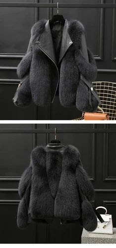 Women's Faux Fox Fur Short Coat - Casual Zip-Up Jacket with Turn-Down Collar, Wide-Waist Autumn/Winter