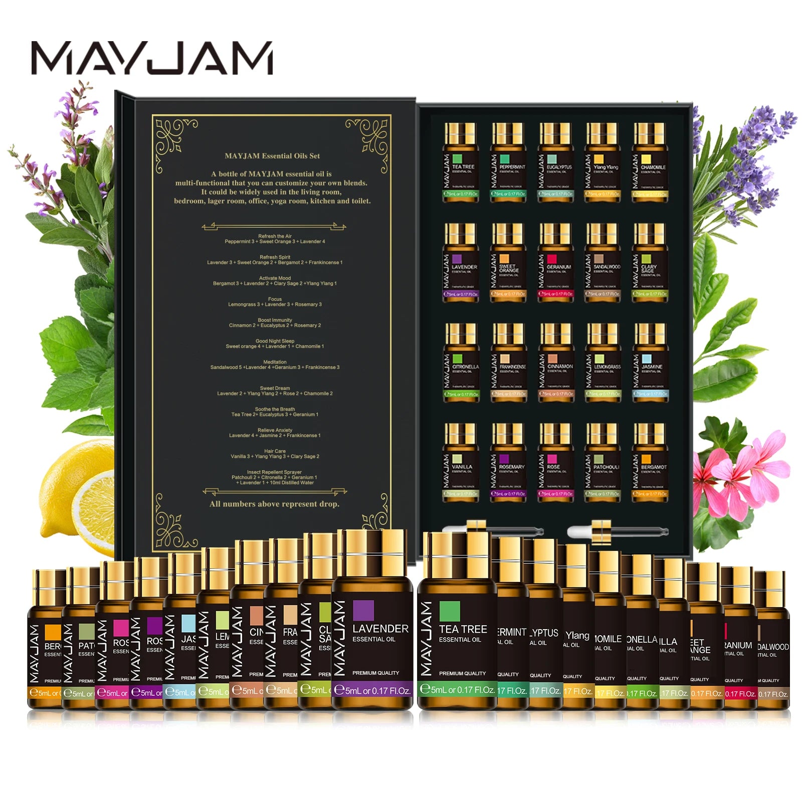 MAYJAM 20 x 5ml Pure Essential Oils Gift Set - Aromatherapy Kit with Lavender, Jasmine, Eucalyptus, Vanilla, Sandalwood, Sweet Orange, Geranium & Patchouli