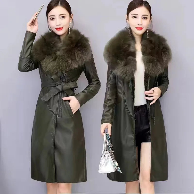 PU Leather Mid-Length Women's Winter Coat with Detachable Fur Collar Adjustable Waist Slim Casual Jacket