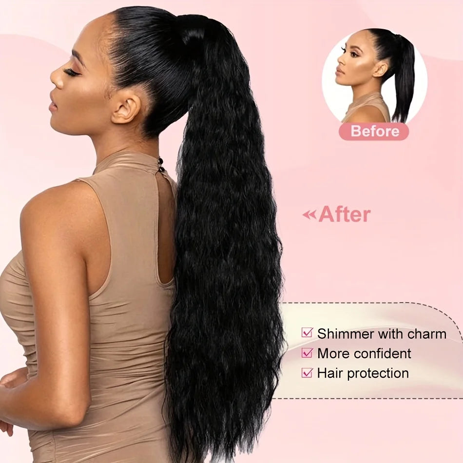 22-Inch (56 cm) Curly Drawstring Ponytail Extension for Women - Long Kinky Curly Clip-In Synthetic Hairpiece