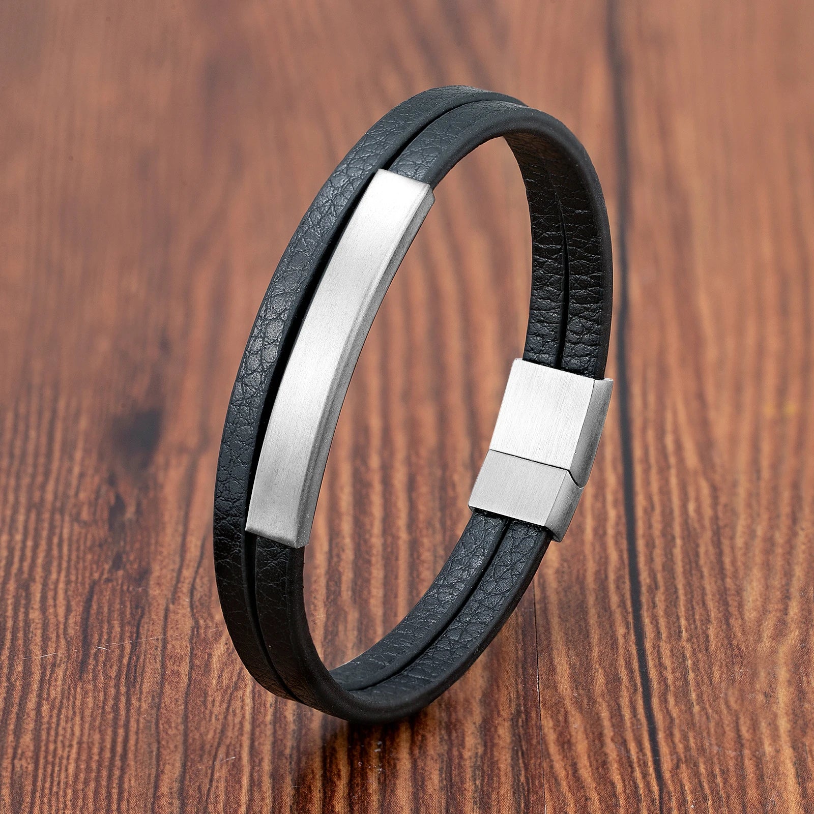 Men's Black Genuine Leather Double-Layer Braided Bracelet with Stainless Steel Accent – Sizes 18.5/20.5/22 cm (7.3/8.1/8.7 in)