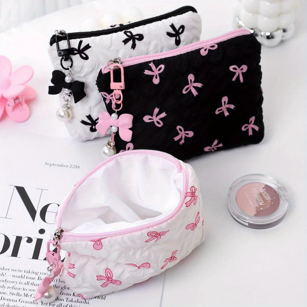 Embroidered Bow Makeup Bag – Cute Large Capacity Cosmetic Pouch & Coin Purse with Zipper