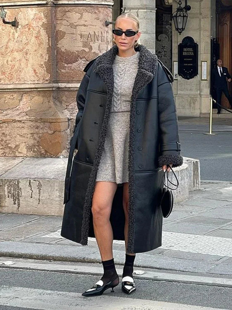 Faux Fur Leather Patchwork Long Coat for Women, Lapel Collar Belted Cotton-Lined Winter Jacket