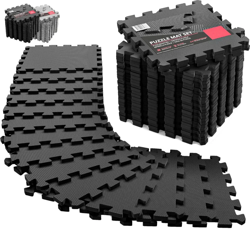 12-Pack EVA Interlocking Foam Floor Tiles 12 x 12 in (30 x 30 cm) 10 mm – Non-Slip Home Gym & Kids Play Mat, Black/Grey