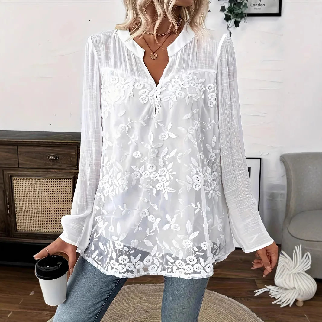 Women's White Lace V-Neck Pullover Top Hollow-Out Casual Loose Blouse for Office & Summer