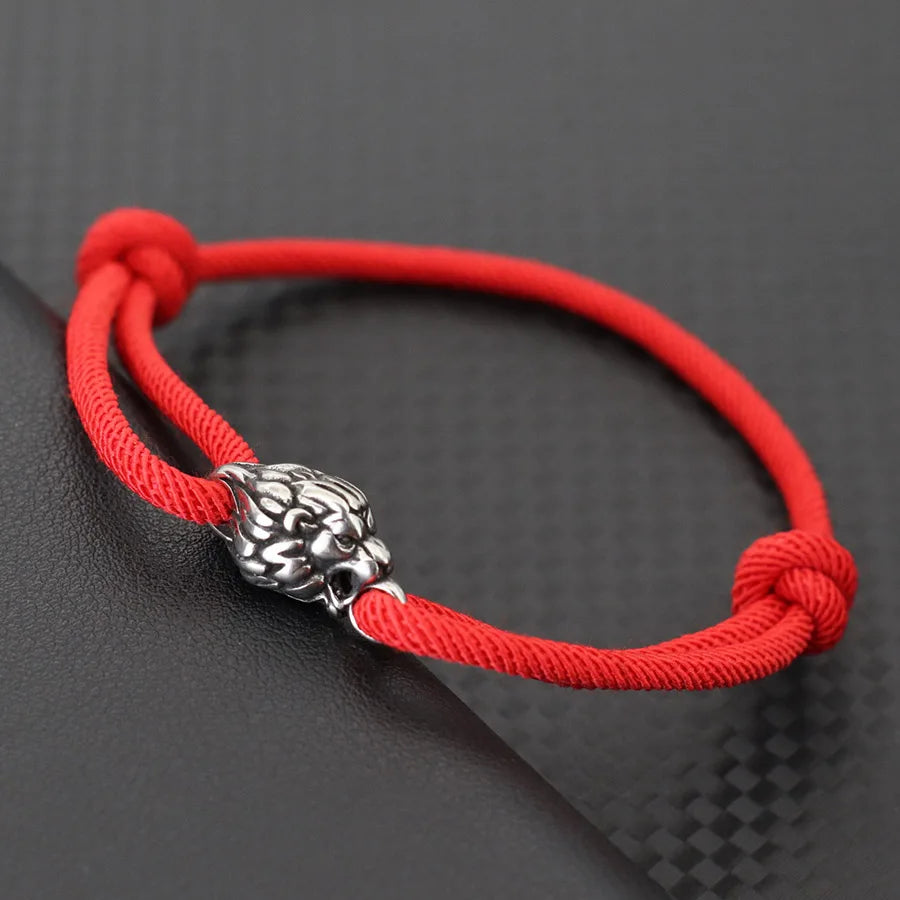 Gothic Lion Head Stainless Steel & Red String Bracelet - Handmade Adjustable Men's Punk Hip Hop Gift
