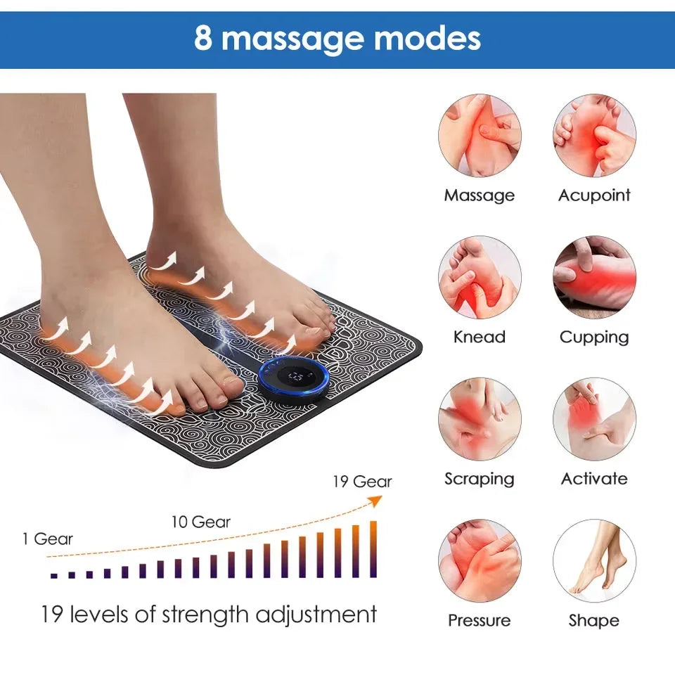 CAMMUO EMS Electric Foot Massager Pad, USB Rechargeable Muscle Stimulator for Foot Ankle & Calf — 6 Modes, 9 Intensities, Portable Foldable