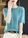 Women's Short-Sleeve Knit O-Neck Pullover - Wool-Cotton Blend Lightweight Summer Top