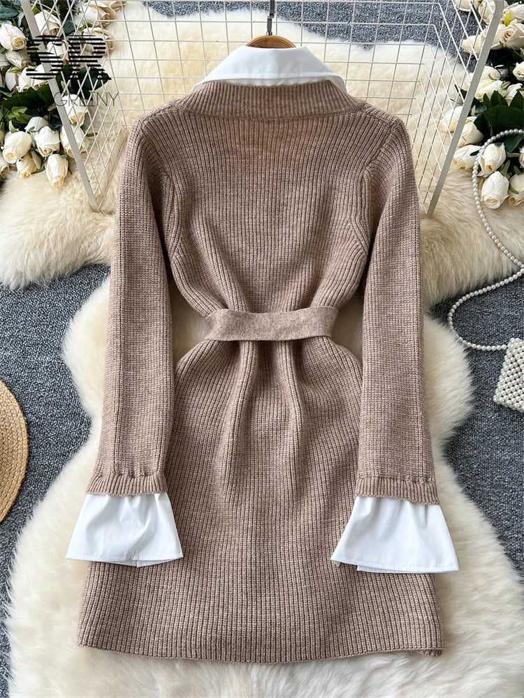 Women’s Knit Two-Piece Sweater Dress Set with Belt — Lapel Collar, Long Sleeve Knee-Length Patchwork for Office Autumn/Winter