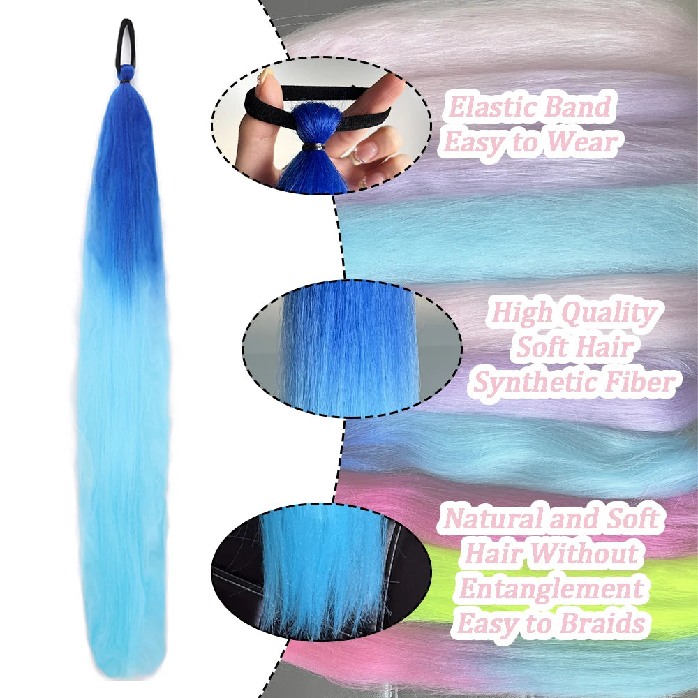 Long Straight Synthetic Ponytail Extension with Elastic Tie – Colorful Braided Hairpiece for Women
