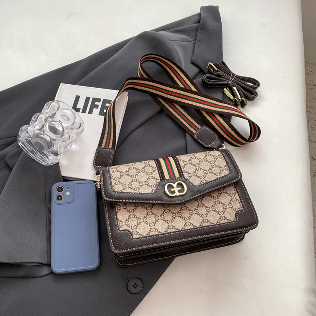 Geometric Quilted PU Shoulder Bag with Metal Logo — Lightweight Flap Crossbody, Magnetic Snap & Adjustable Strap