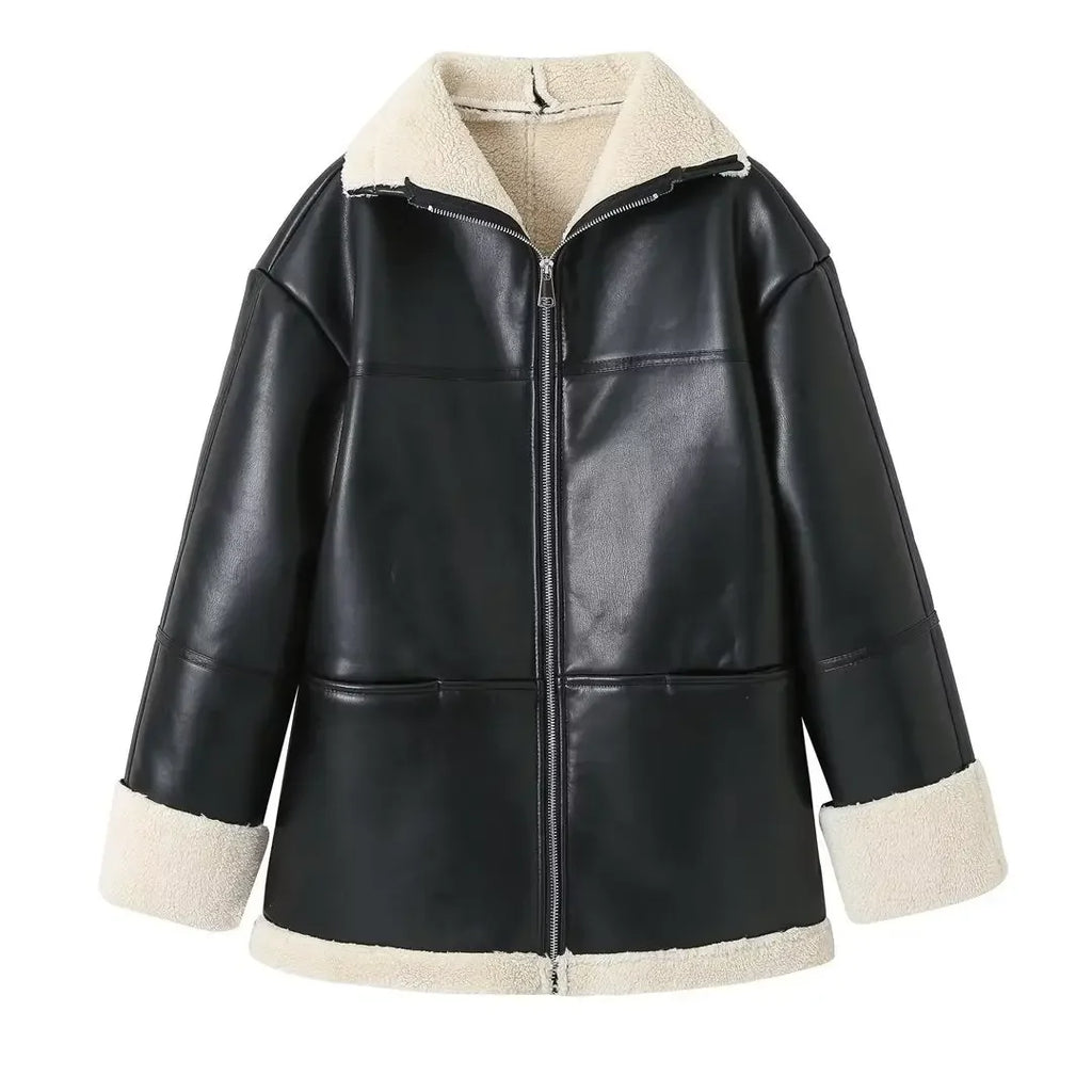 Women's PU Faux Leather Fur-Lined Coat - Lapel Collar, Zipper, Warm Long Overcoat, High Street Style