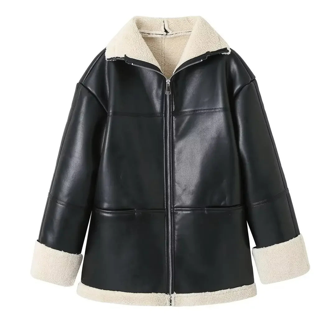 Women's PU Faux Leather Fur-Lined Coat - Lapel Collar, Zipper, Warm Long Overcoat, High Street Style