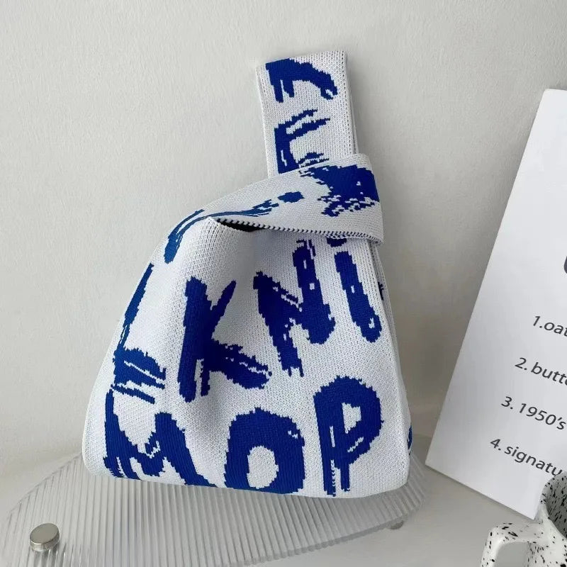 Handmade Knitted Knot Wrist Bag - Striped Mini Tote for Women, Large-Capacity Phone Bucket, Autumn Winter Casual