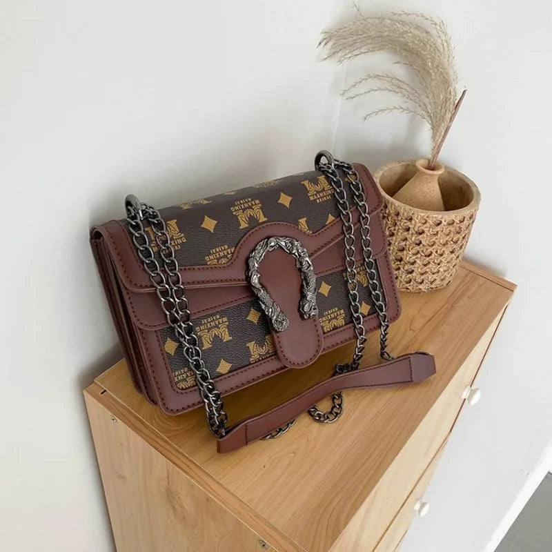 Printed Chain Shoulder Bag for Women - Small Square Crossbody Purse for Travel & Daily Use