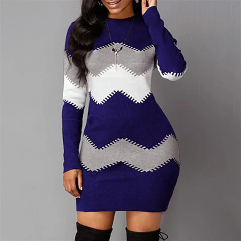 Women's Patchwork Rib Knit Turtleneck Sweater Mini Dress Long Sleeve Warm Casual A-Line