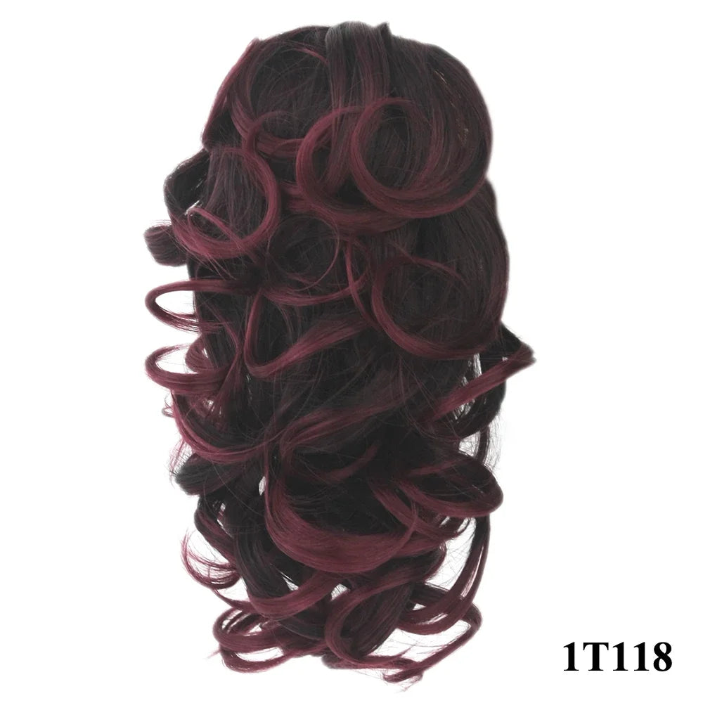Soowee Short Curly Clip-In Ponytail Extension Black to Burgundy Synthetic Heat-Resistant Fiber