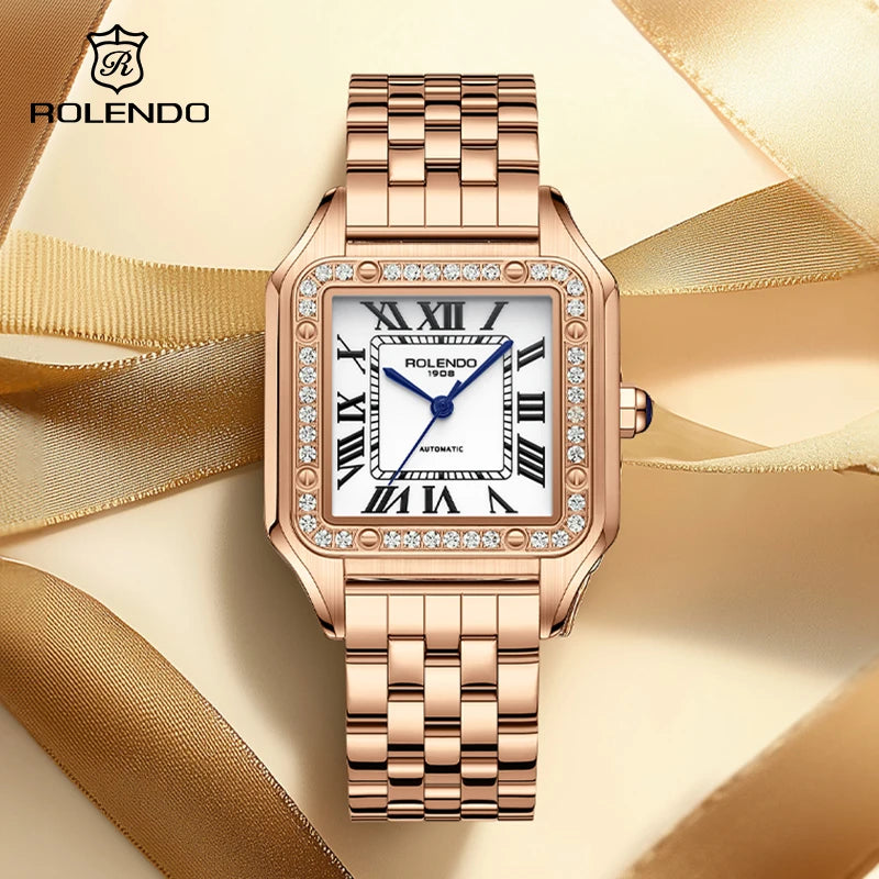 ROLENDO Women's Gold Square Santos-Style Watch 33mm Sapphire Crystal Zircon Accents Roman Dial 50M Automatic