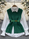 Women’s Office Knit Vest + Lantern Sleeve Blouse Set — Warm Thick Pullover Suit
