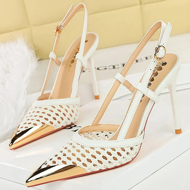 Woven Hollow Pointed-Toe Stiletto Pumps for Women – 9.5 cm (3.7 in) Buckle High Heels, Summer Party Sandals
